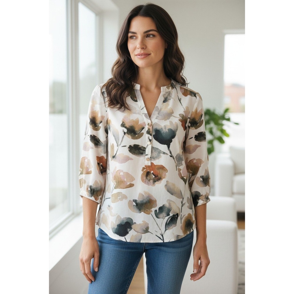 Floral Blouse New York Clothing Company Button Up 3/4 Sleeve Top - Size S